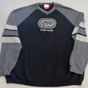 Vintage Ecko Unltd Sweater Mens XL Black Grey Rhino Logo V-Neck Streetwear Y2K
